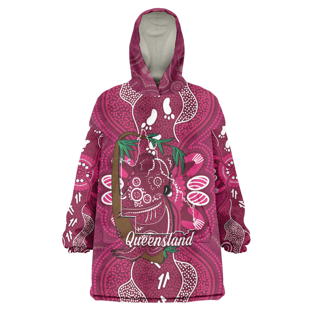 Australia Queensland Day Wearable Blanket Hoodie Koala With Map Aboriginal Art
