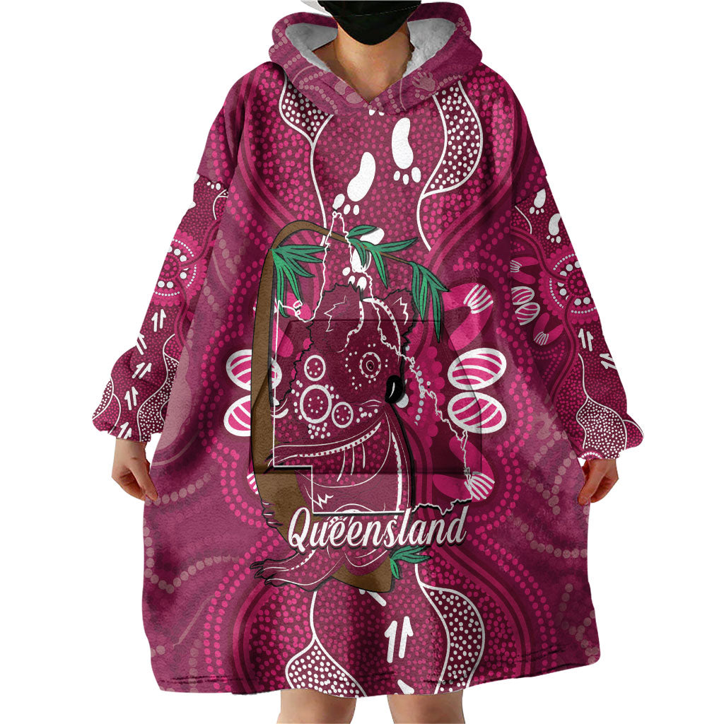 Australia Queensland Day Wearable Blanket Hoodie Koala With Map Aboriginal Art