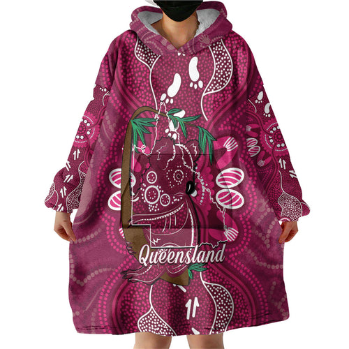 Australia Queensland Day Wearable Blanket Hoodie Koala With Map Aboriginal Art