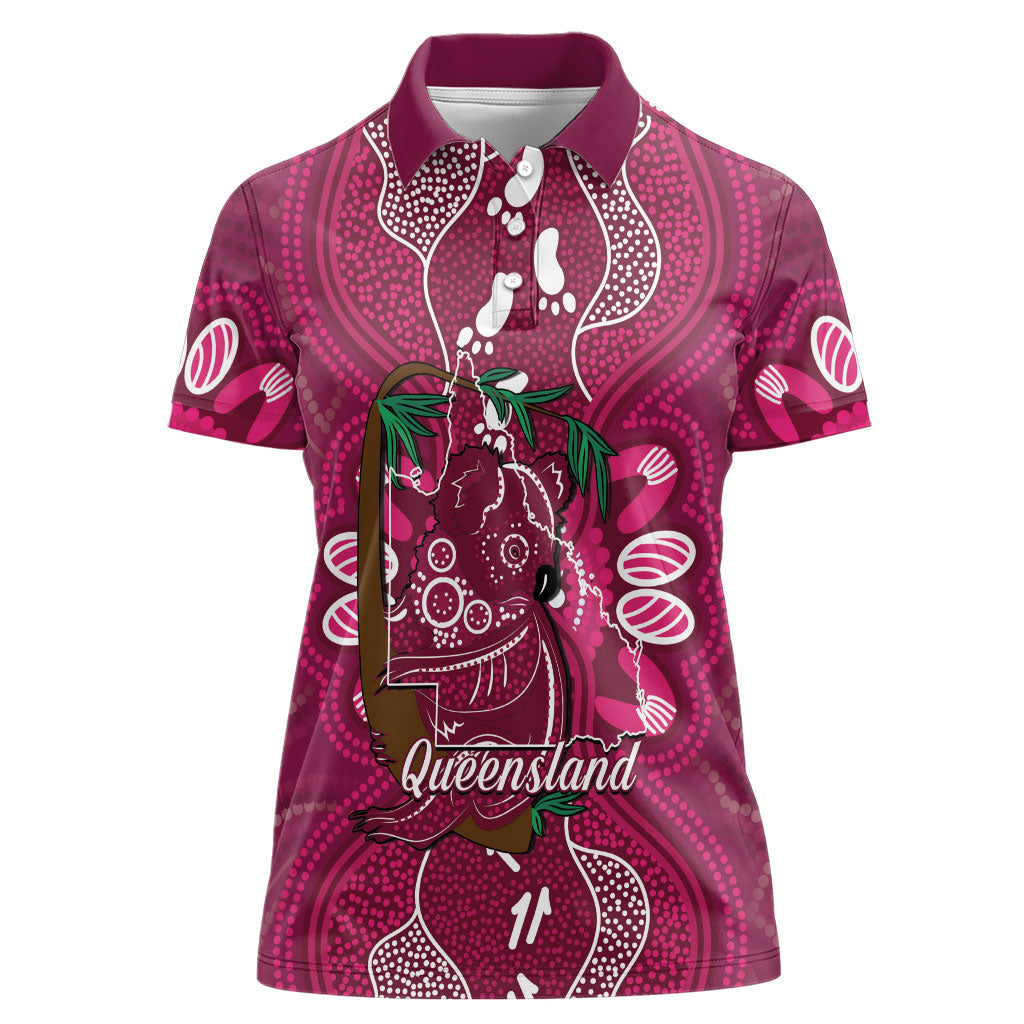 Australia Queensland Day Women Polo Shirt Koala With Map Aboriginal Art