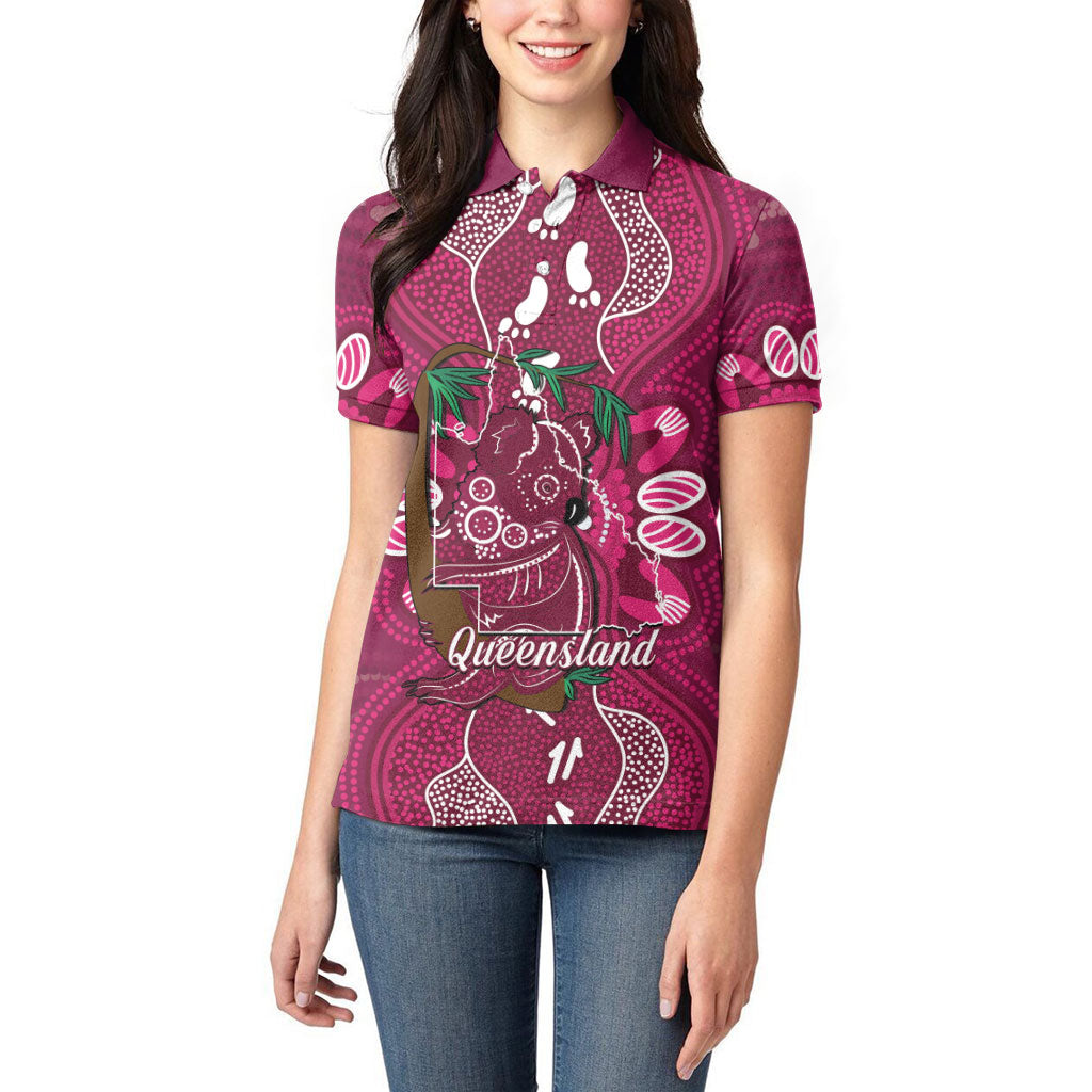 Australia Queensland Day Women Polo Shirt Koala With Map Aboriginal Art