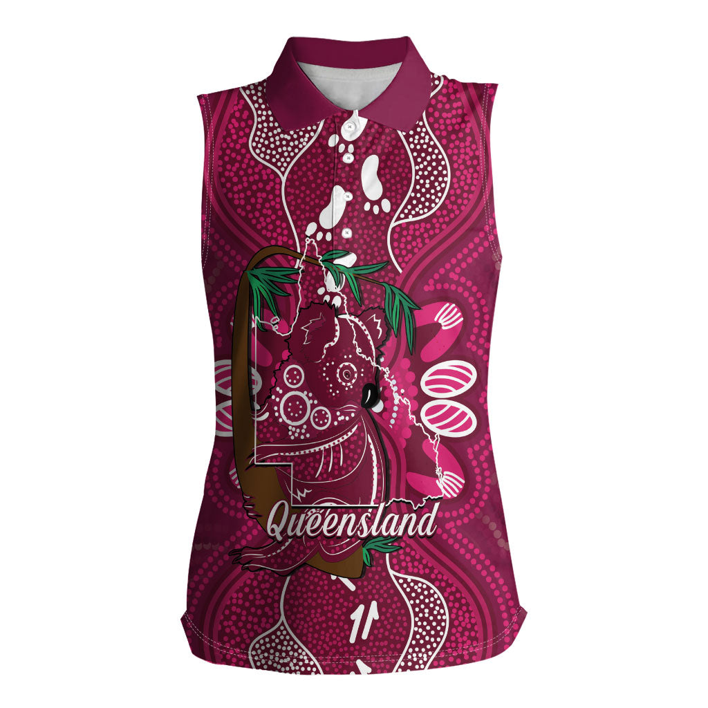 Australia Queensland Day Women Sleeveless Polo Shirt Koala With Map Aboriginal Art