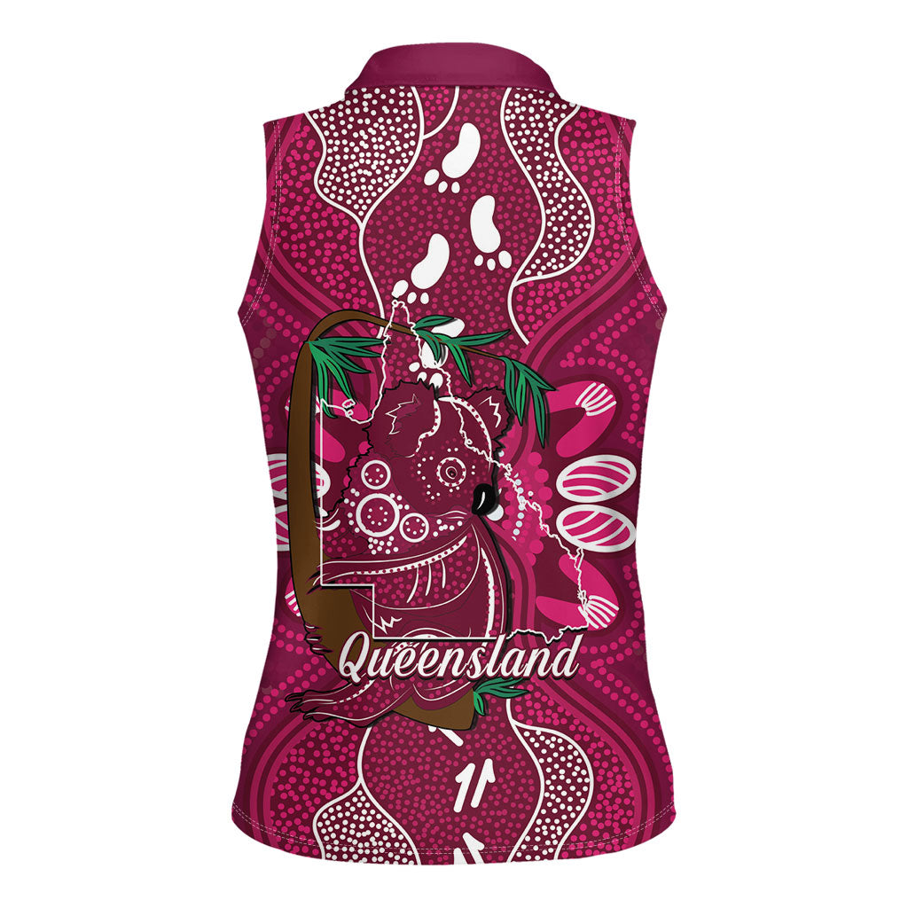 Australia Queensland Day Women Sleeveless Polo Shirt Koala With Map Aboriginal Art