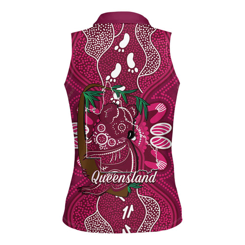 Australia Queensland Day Women Sleeveless Polo Shirt Koala With Map Aboriginal Art