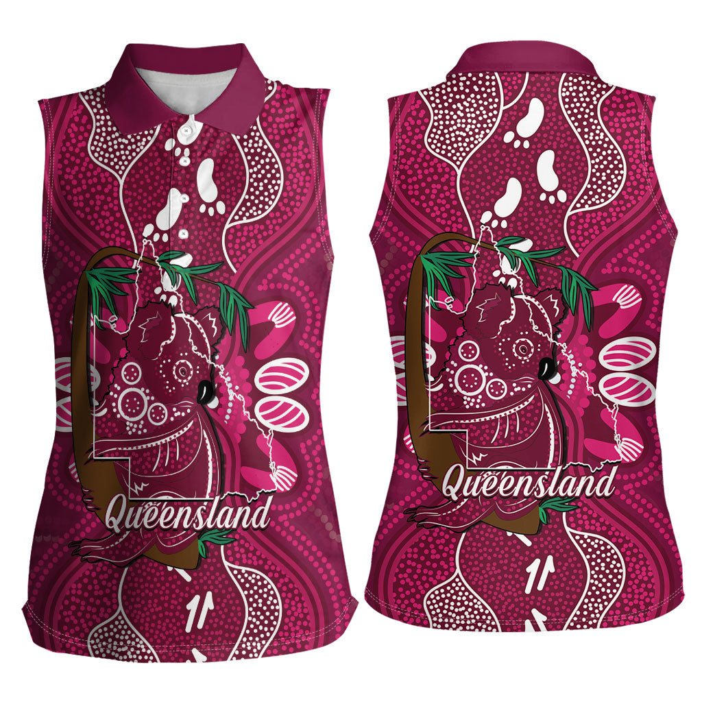 Australia Queensland Day Women Sleeveless Polo Shirt Koala With Map Aboriginal Art