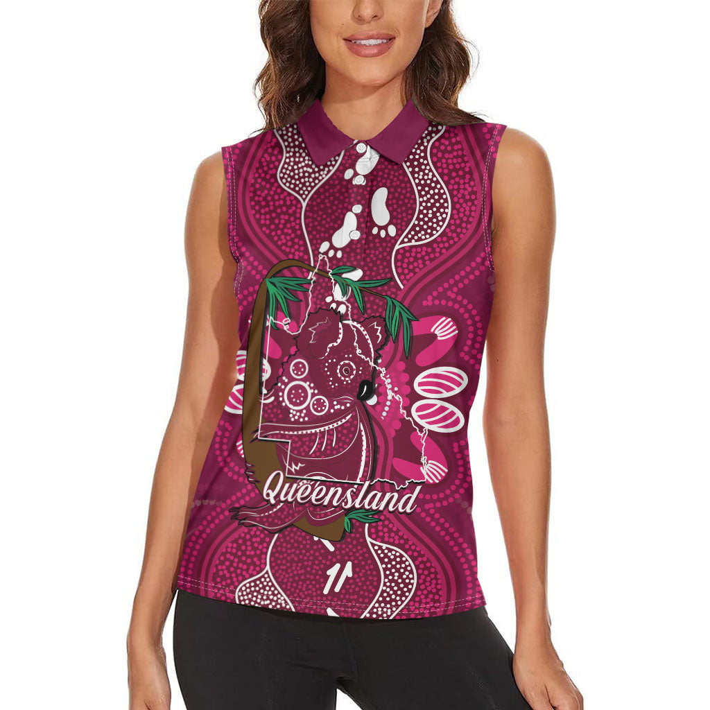 Australia Queensland Day Women Sleeveless Polo Shirt Koala With Map Aboriginal Art
