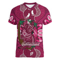 Australia Queensland Day Women V-Neck T-Shirt Koala With Map Aboriginal Art