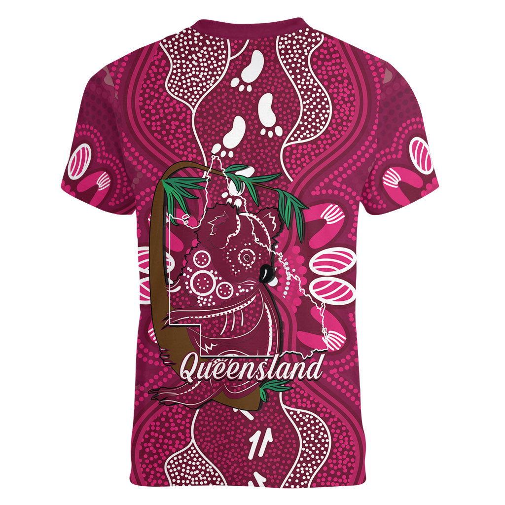 Australia Queensland Day Women V-Neck T-Shirt Koala With Map Aboriginal Art