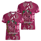 Australia Queensland Day Women V-Neck T-Shirt Koala With Map Aboriginal Art