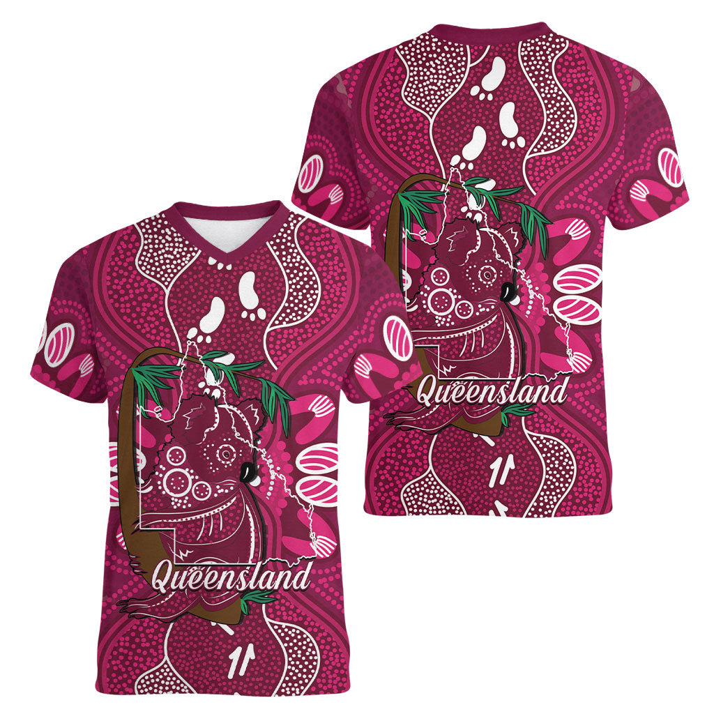 Australia Queensland Day Women V-Neck T-Shirt Koala With Map Aboriginal Art