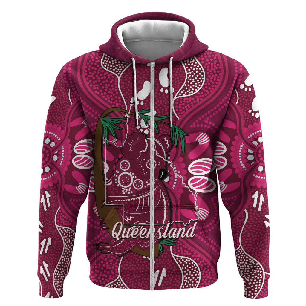 Australia Queensland Day Zip Hoodie Koala With Map Aboriginal Art