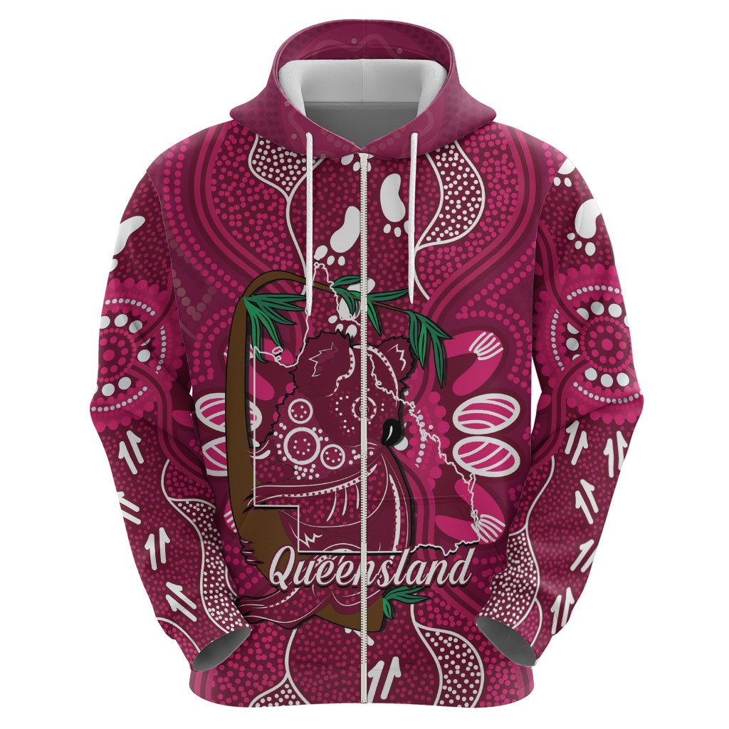 Australia Queensland Day Zip Hoodie Koala With Map Aboriginal Art