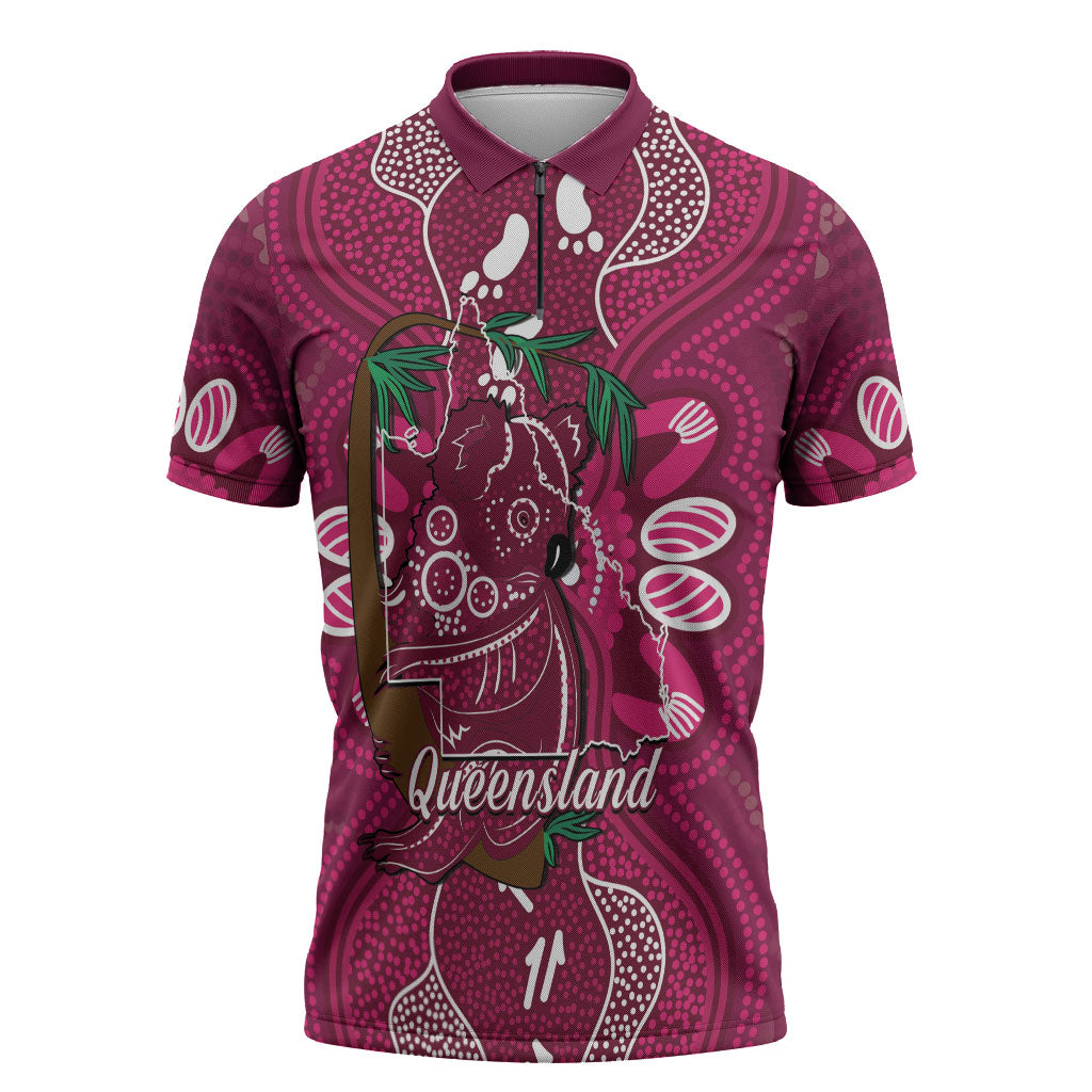 Australia Queensland Day Zipper Polo Shirt Koala With Map Aboriginal Art