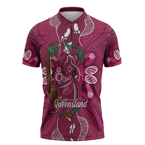 Australia Queensland Day Zipper Polo Shirt Koala With Map Aboriginal Art