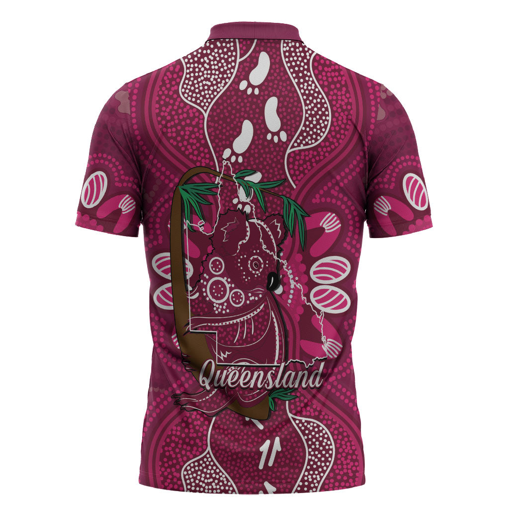 Australia Queensland Day Zipper Polo Shirt Koala With Map Aboriginal Art