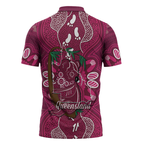 Australia Queensland Day Zipper Polo Shirt Koala With Map Aboriginal Art