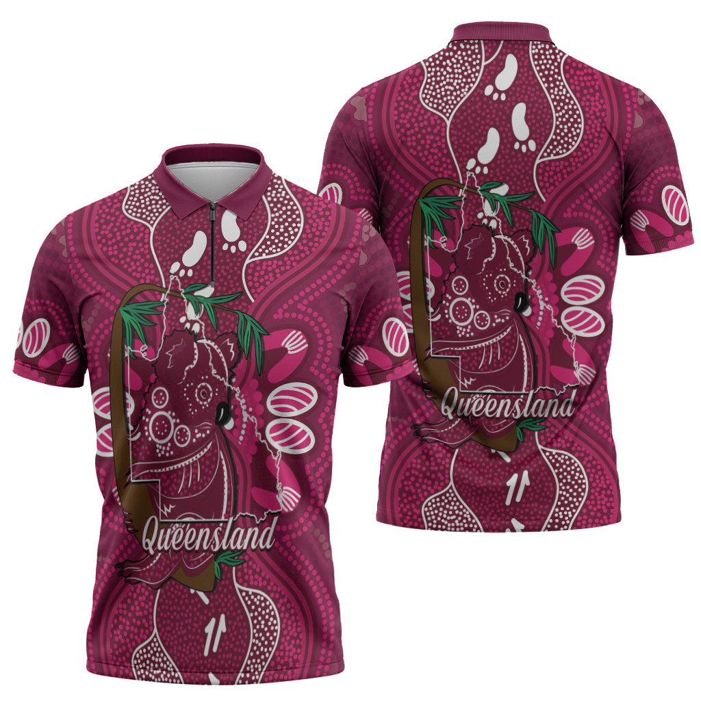 Australia Queensland Day Zipper Polo Shirt Koala With Map Aboriginal Art