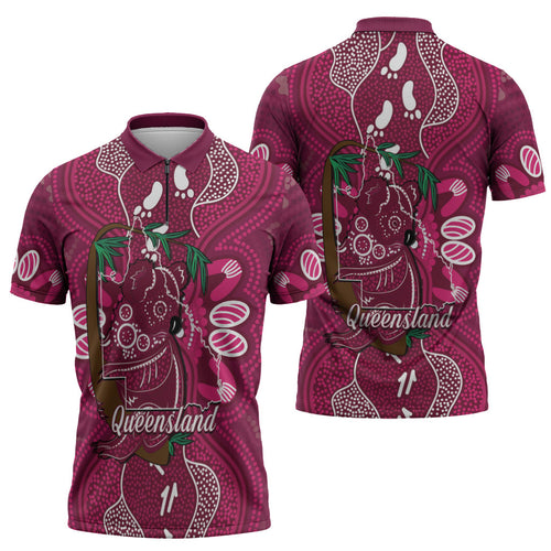 Australia Queensland Day Zipper Polo Shirt Koala With Map Aboriginal Art