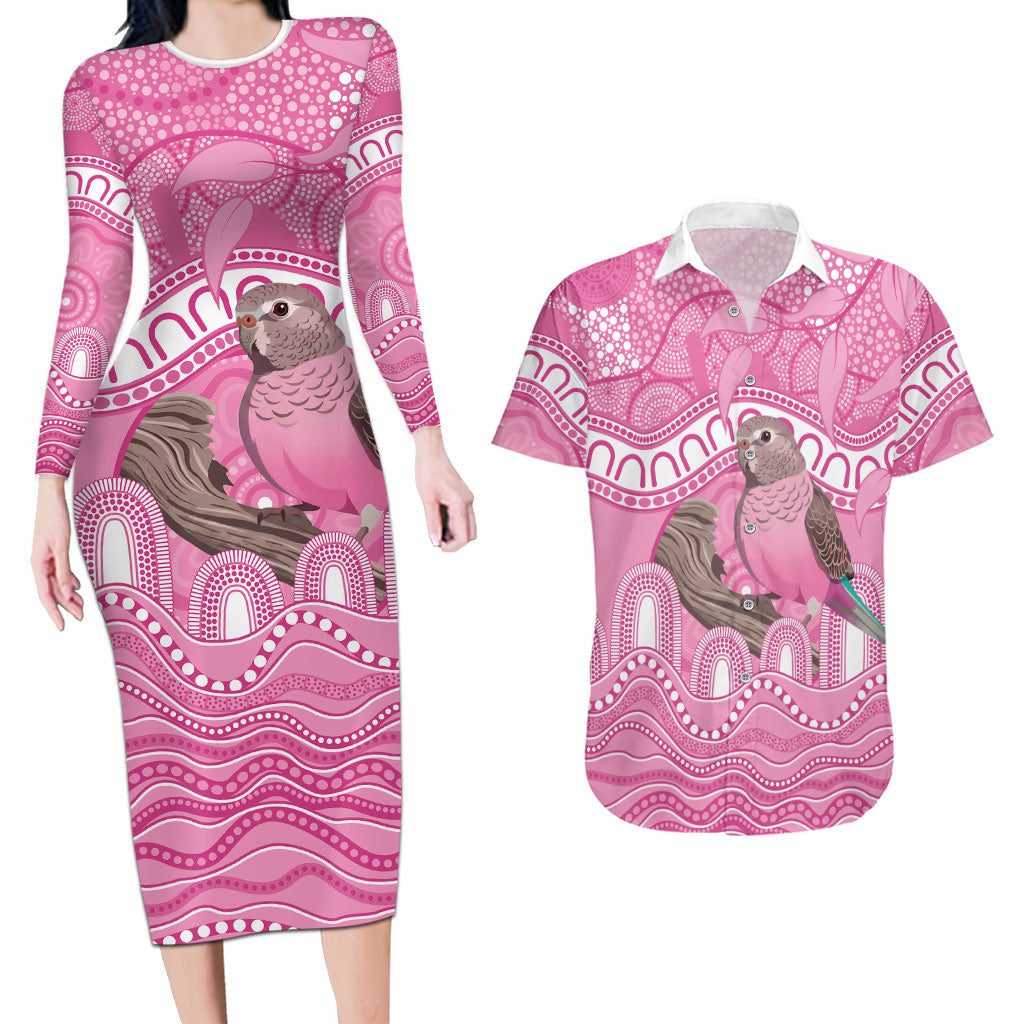 Indigenous Australia Bourkie Couples Matching Long Sleeve Bodycon Dress and Hawaiian Shirt Aussie Bourke's Parrot Aboriginal Art