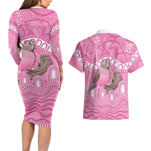 Indigenous Australia Bourkie Couples Matching Long Sleeve Bodycon Dress and Hawaiian Shirt Aussie Bourke's Parrot Aboriginal Art