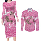 Indigenous Australia Bourkie Couples Matching Long Sleeve Bodycon Dress and Long Sleeve Button Shirt Aussie Bourke's Parrot Aboriginal Art