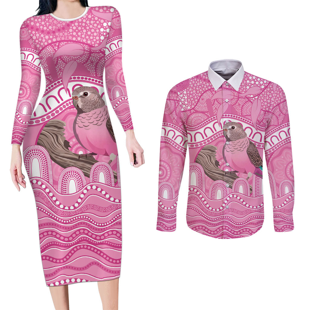 Indigenous Australia Bourkie Couples Matching Long Sleeve Bodycon Dress and Long Sleeve Button Shirt Aussie Bourke's Parrot Aboriginal Art
