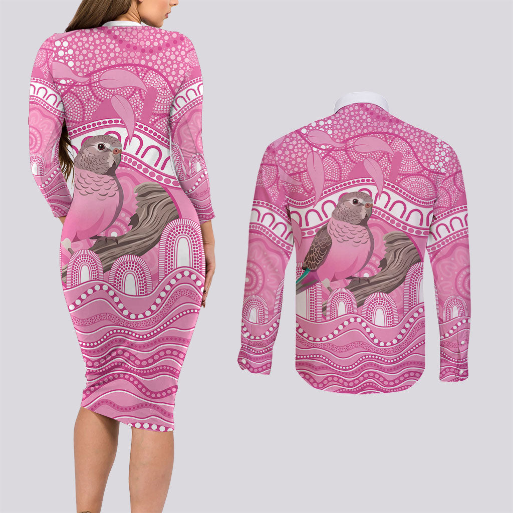 Indigenous Australia Bourkie Couples Matching Long Sleeve Bodycon Dress and Long Sleeve Button Shirt Aussie Bourke's Parrot Aboriginal Art