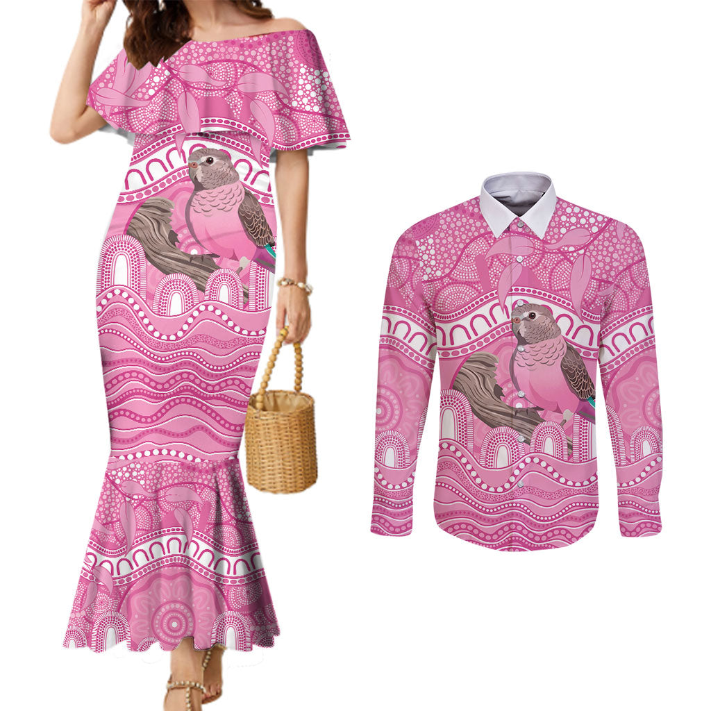 Indigenous Australia Bourkie Couples Matching Mermaid Dress and Long Sleeve Button Shirt Aussie Bourke's Parrot Aboriginal Art