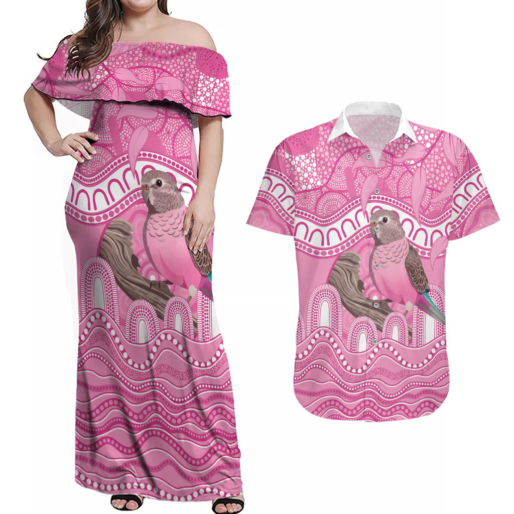 Indigenous Australia Bourkie Couples Matching Off Shoulder Maxi Dress and Hawaiian Shirt Aussie Bourke's Parrot Aboriginal Art
