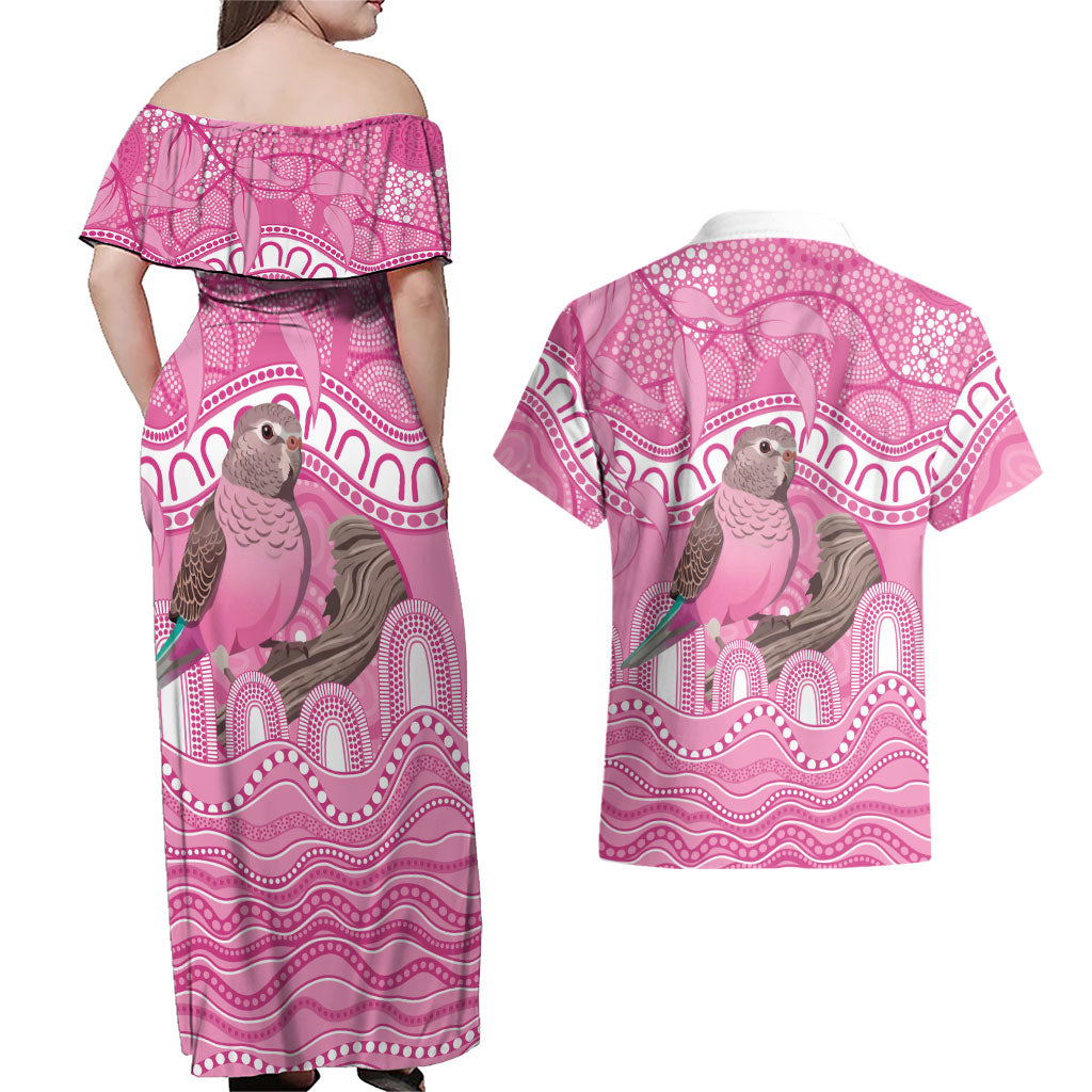 Indigenous Australia Bourkie Couples Matching Off Shoulder Maxi Dress and Hawaiian Shirt Aussie Bourke's Parrot Aboriginal Art