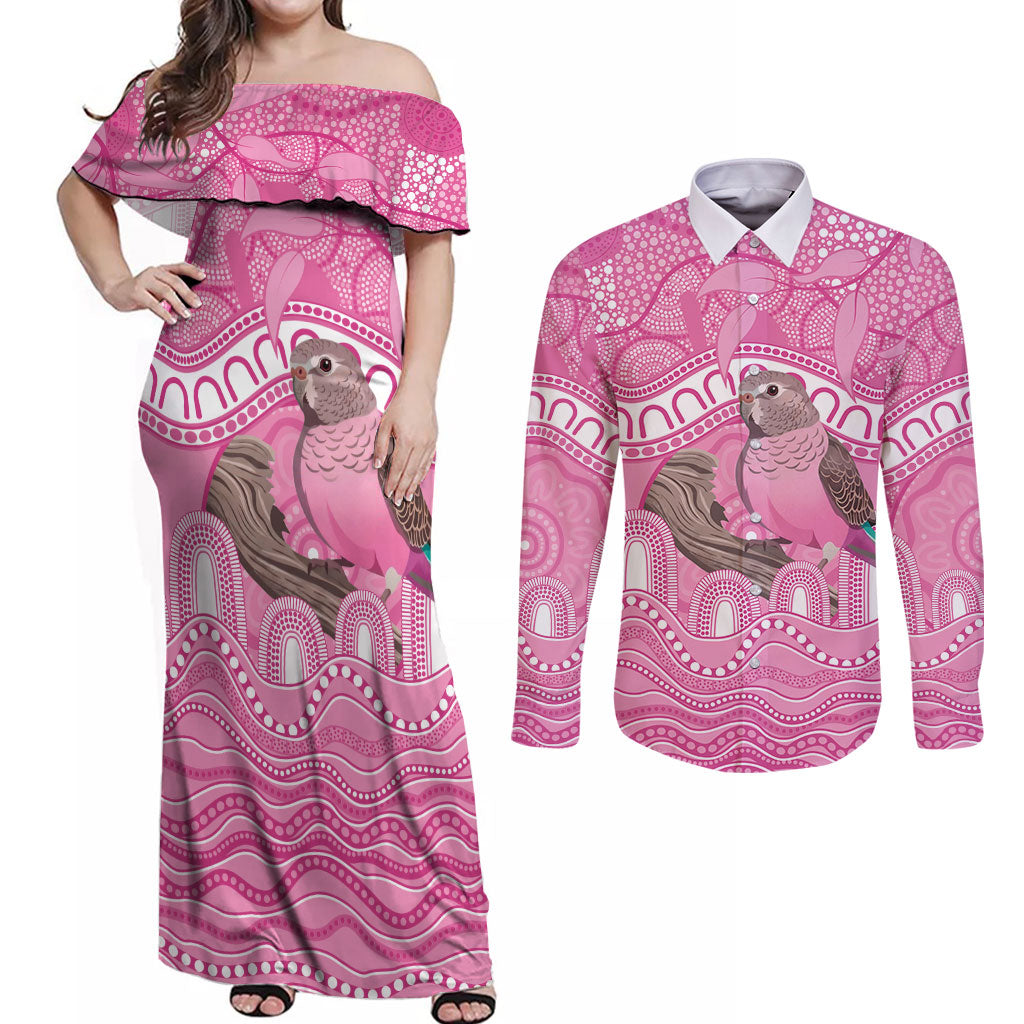 Indigenous Australia Bourkie Couples Matching Off Shoulder Maxi Dress and Long Sleeve Button Shirt Aussie Bourke's Parrot Aboriginal Art