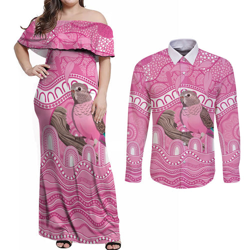 Indigenous Australia Bourkie Couples Matching Off Shoulder Maxi Dress and Long Sleeve Button Shirt Aussie Bourke's Parrot Aboriginal Art