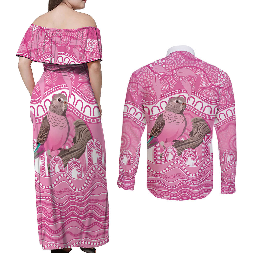 Indigenous Australia Bourkie Couples Matching Off Shoulder Maxi Dress and Long Sleeve Button Shirt Aussie Bourke's Parrot Aboriginal Art