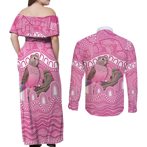 Indigenous Australia Bourkie Couples Matching Off Shoulder Maxi Dress and Long Sleeve Button Shirt Aussie Bourke's Parrot Aboriginal Art