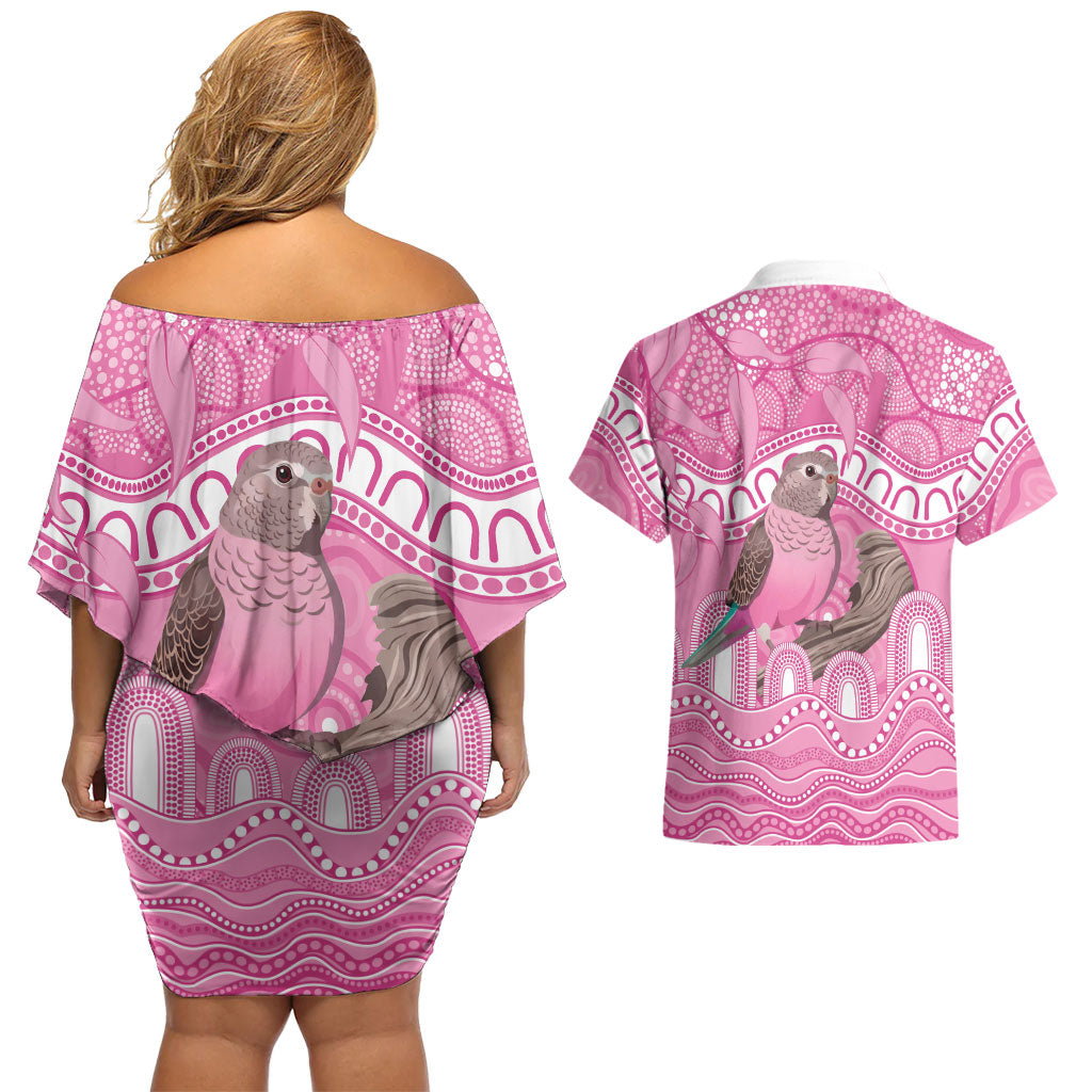 Indigenous Australia Bourkie Couples Matching Off Shoulder Short Dress and Hawaiian Shirt Aussie Bourke's Parrot Aboriginal Art