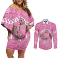 Indigenous Australia Bourkie Couples Matching Off Shoulder Short Dress and Long Sleeve Button Shirt Aussie Bourke's Parrot Aboriginal Art