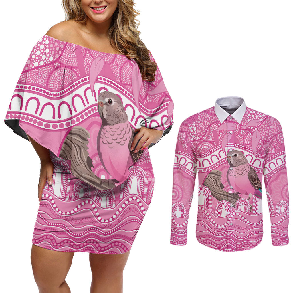 Indigenous Australia Bourkie Couples Matching Off Shoulder Short Dress and Long Sleeve Button Shirt Aussie Bourke's Parrot Aboriginal Art