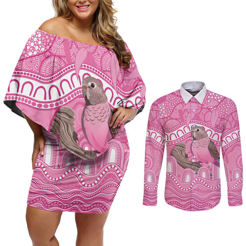Indigenous Australia Bourkie Couples Matching Off Shoulder Short Dress and Long Sleeve Button Shirt Aussie Bourke's Parrot Aboriginal Art