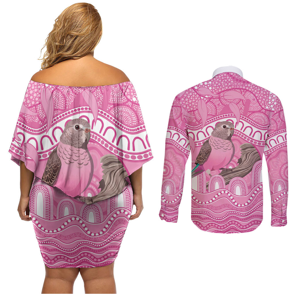 Indigenous Australia Bourkie Couples Matching Off Shoulder Short Dress and Long Sleeve Button Shirt Aussie Bourke's Parrot Aboriginal Art