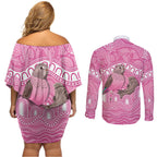 Indigenous Australia Bourkie Couples Matching Off Shoulder Short Dress and Long Sleeve Button Shirt Aussie Bourke's Parrot Aboriginal Art