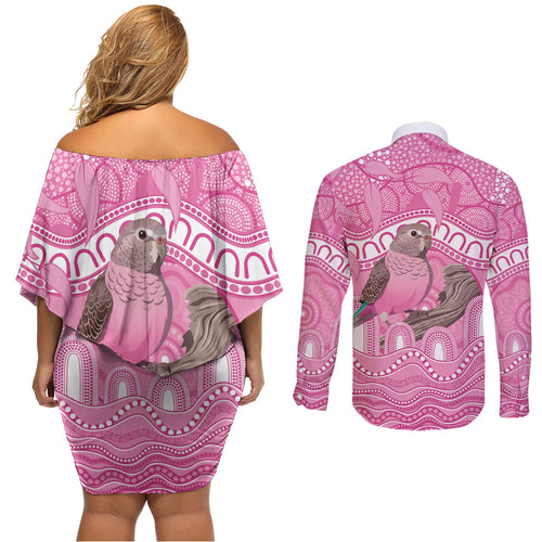 Indigenous Australia Bourkie Couples Matching Off Shoulder Short Dress and Long Sleeve Button Shirt Aussie Bourke's Parrot Aboriginal Art