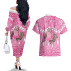 Indigenous Australia Bourkie Couples Matching Off The Shoulder Long Sleeve Dress and Hawaiian Shirt Aussie Bourke's Parrot Aboriginal Art