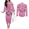 Indigenous Australia Bourkie Couples Matching Off The Shoulder Long Sleeve Dress and Long Sleeve Button Shirt Aussie Bourke's Parrot Aboriginal Art