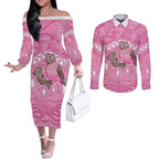 Indigenous Australia Bourkie Couples Matching Off The Shoulder Long Sleeve Dress and Long Sleeve Button Shirt Aussie Bourke's Parrot Aboriginal Art