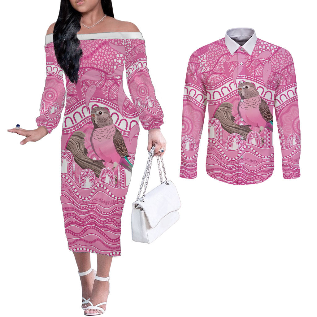 Indigenous Australia Bourkie Couples Matching Off The Shoulder Long Sleeve Dress and Long Sleeve Button Shirt Aussie Bourke's Parrot Aboriginal Art