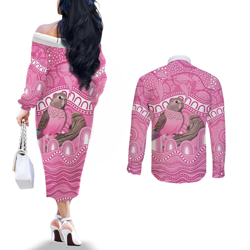 Indigenous Australia Bourkie Couples Matching Off The Shoulder Long Sleeve Dress and Long Sleeve Button Shirt Aussie Bourke's Parrot Aboriginal Art