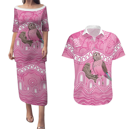 Indigenous Australia Bourkie Couples Matching Puletasi and Hawaiian Shirt Aussie Bourke's Parrot Aboriginal Art