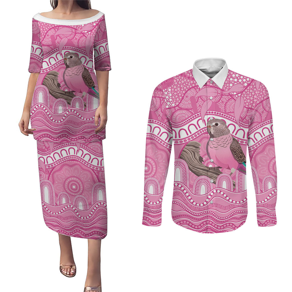Indigenous Australia Bourkie Couples Matching Puletasi and Long Sleeve Button Shirt Aussie Bourke's Parrot Aboriginal Art