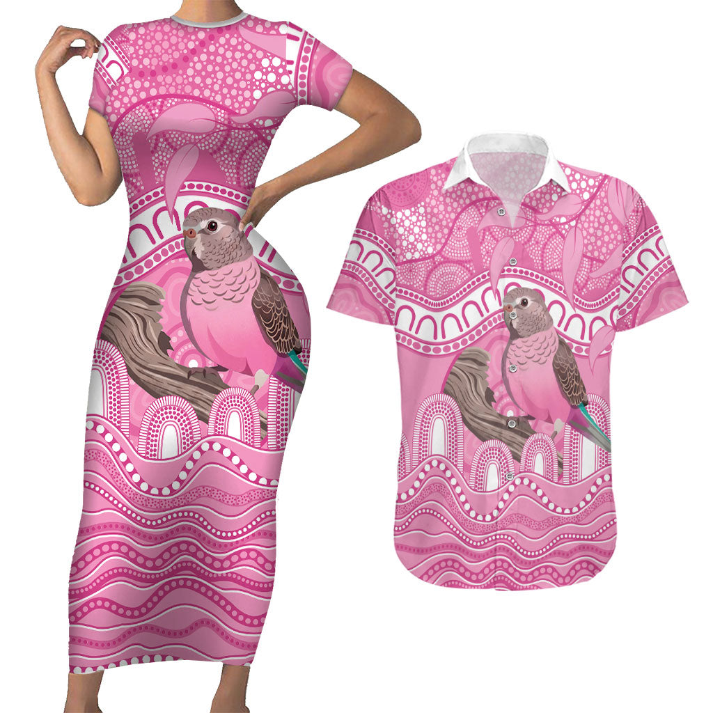 Indigenous Australia Bourkie Couples Matching Short Sleeve Bodycon Dress and Hawaiian Shirt Aussie Bourke's Parrot Aboriginal Art