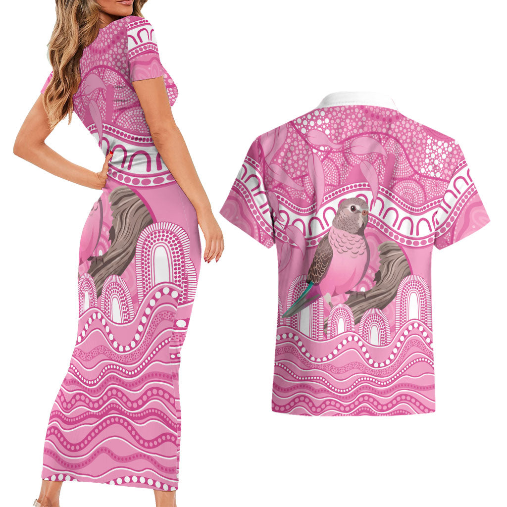 Indigenous Australia Bourkie Couples Matching Short Sleeve Bodycon Dress and Hawaiian Shirt Aussie Bourke's Parrot Aboriginal Art